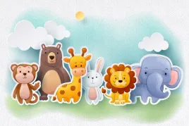 fototapeta-bajkowe-safari-pastele-3d-zyrafa-mis-lew-slon-zajac