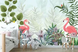 fototapeta-las-tropikalny-rosliny-galezie-kwiaty-rozowe-palmy-flamingi-290g