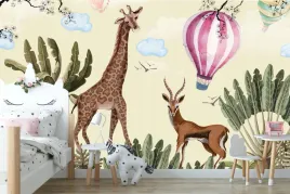 fototapeta-balonem-nad-safari-sawanna-zyrafa-antylopa-akwarela-290g