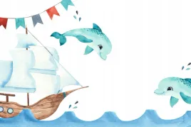 fototapeta-zaglowiec-akwarela-statek-delfiny-premium