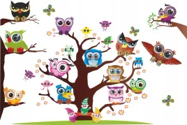 fototapeta-kolorowe-sowy-na-magicznym-drzewie-las-do-pokoju-dzieciecego