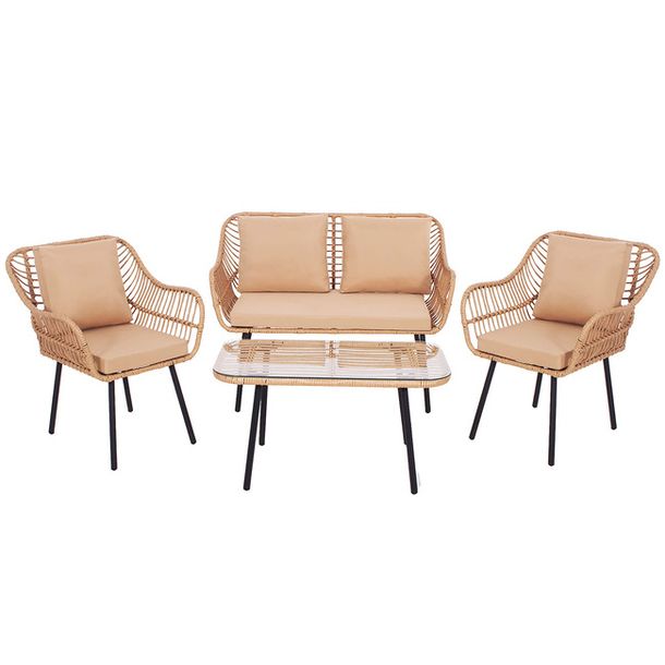 Meble ogrodowe zestaw technorattan sofa, fotele i stolik ze szkłem hartowan