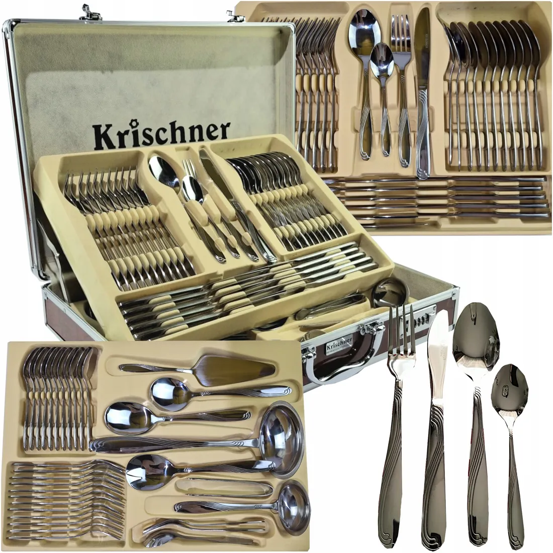 KOMPLET SZTUĆCÓW ZESTAW SZTUĆCÓW NA 12 OSÓB SZTUĆCE POŁYSK WALIZKA