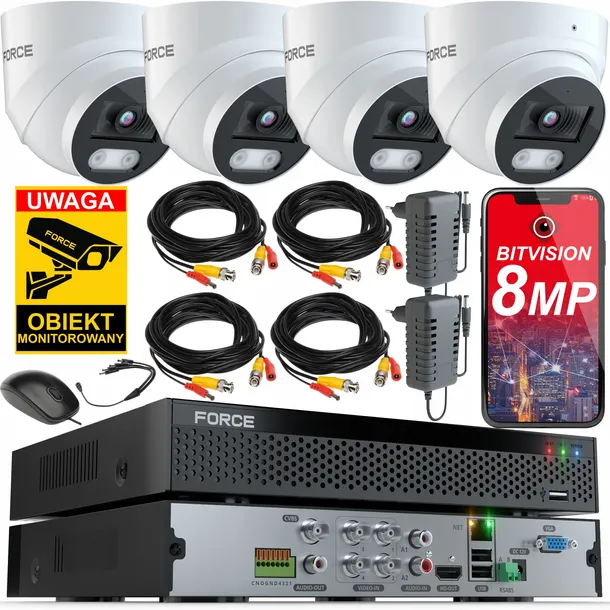 FORCE Zestaw monitoringu 4x Kamera Kopułkowa AHD 8MPx 4K, PODGLĄD ONLINE