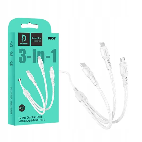 kabel-usb-3w1-denmen-bialy-1m-d05e-stan-nowy