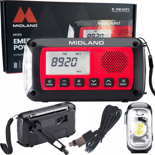 ﻿Midland ER100 MAŁE RADIO ALARMOWE AM/FM LATARKA DYNAMO ŁADOWANIE USB