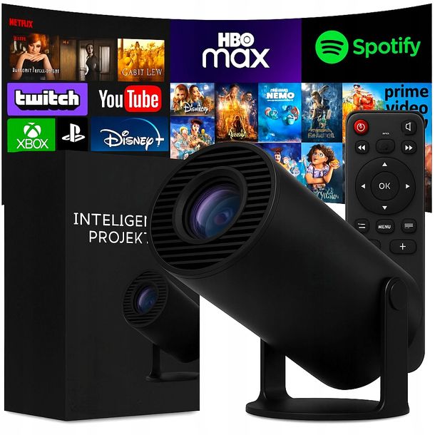 ﻿PROJEKTOR RZUTNIK ANDROID TV WIFI MINI 4K PRZENOŚNY SMART GŁOŚNIK OBROTOWY