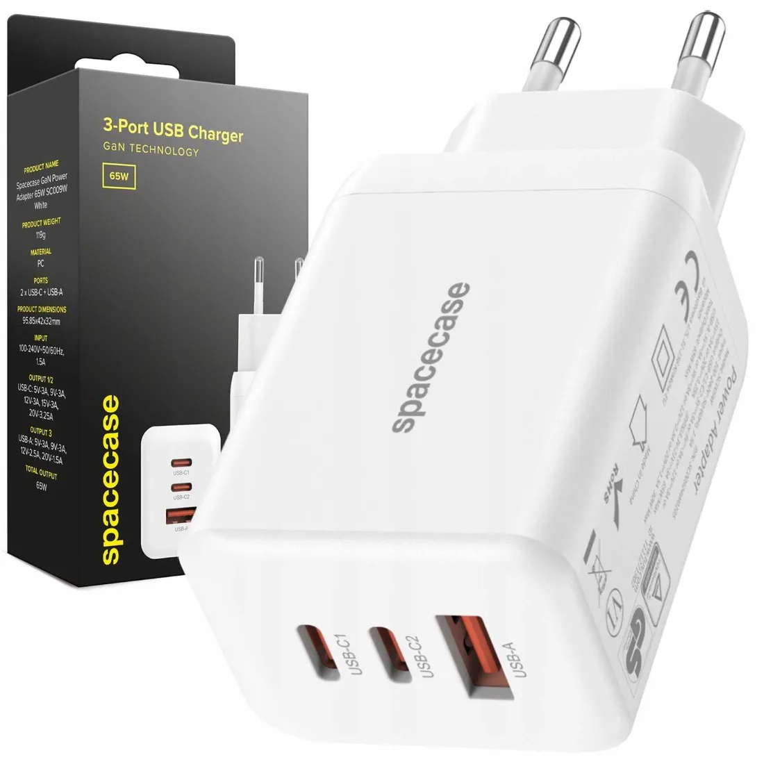 spacecase-usb-charger-65w-gan-sc009w-white