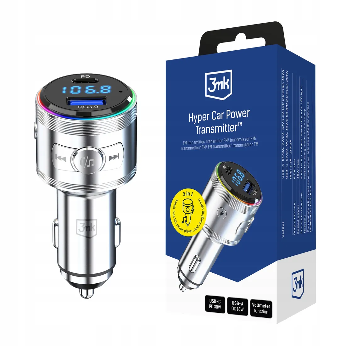 transmiter-samochodowy-fm-adapter-bluetooth-3mk-hyper-car-power-48w-qc-usb-stan-nowy