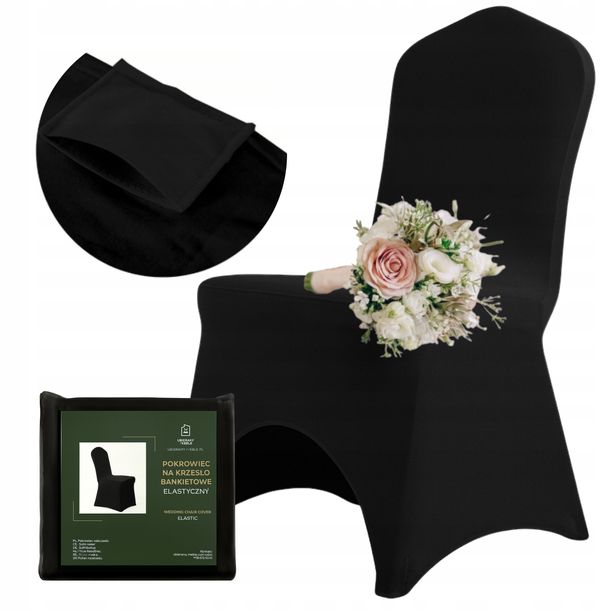 ﻿POKROWIEC NA KRZESŁO BANKIETOWE 190g Czarny NA ŚLUB KOMUNIĘ Elastyczny-Zdjęcie-0