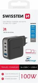 swissten-zasilacz-sieciowy-gan-3x-usb-c-100w-pd-1x-usb-a-18w-qc-czarny