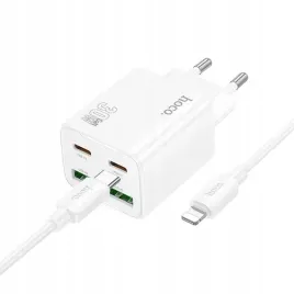 hoco-ladowarka-sieciowa-2x-usb-c-2x-usb-kabel-lightning-pd-3a-30w-biala