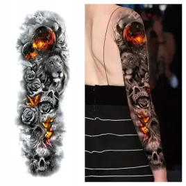 tatuaz-rekaw-ognisty-czaszka-lew-roze-zmywalny-tymczasowy-wodny