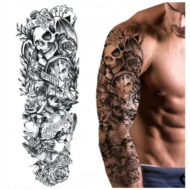tatuaz-zmywalny-rekaw-czaszka-karty-as-pik-roza-napisy