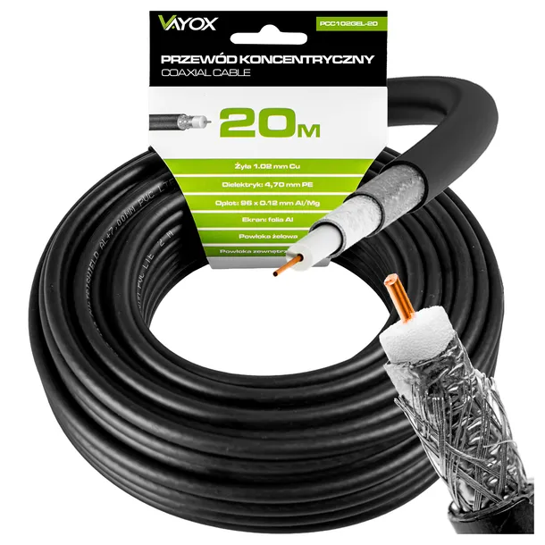 KABEL ANTENOWY KONCENTRYCZNY CZARNY ŻEL Cu PRZEWÓD ZEWNĘTRZNY ZIEMNY 4K 20M