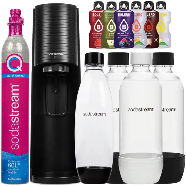 SATURATOR DO GAZOWANIA WODY SODA STREAM CZARNY 4 BUTELKI + 6x NAPÓJ