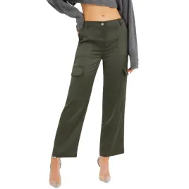 spodnie-damskie-guess-materialowe-satynowe-cargo-zielone