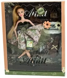 lalka-zielona-sukienka-w-kwiaty-skrzypce-dlugie-wlosy-zestaw-instrument