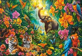 puzzle-1000-ukladanka-zwierzeta-dzungla-kwiaty-tygrysy-slon-ptaki-9-castor