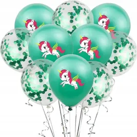 balony-konfetti-10szt-zielone-jednorozec-30cm-balon-zestaw-urodzinowe
