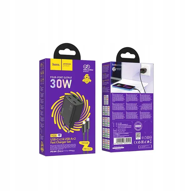 hoco-ladowarka-sieciowa-2-x-typ-c-2x-usb-a-kabel-typ-c-do-lightning-pd-kolor-czarny