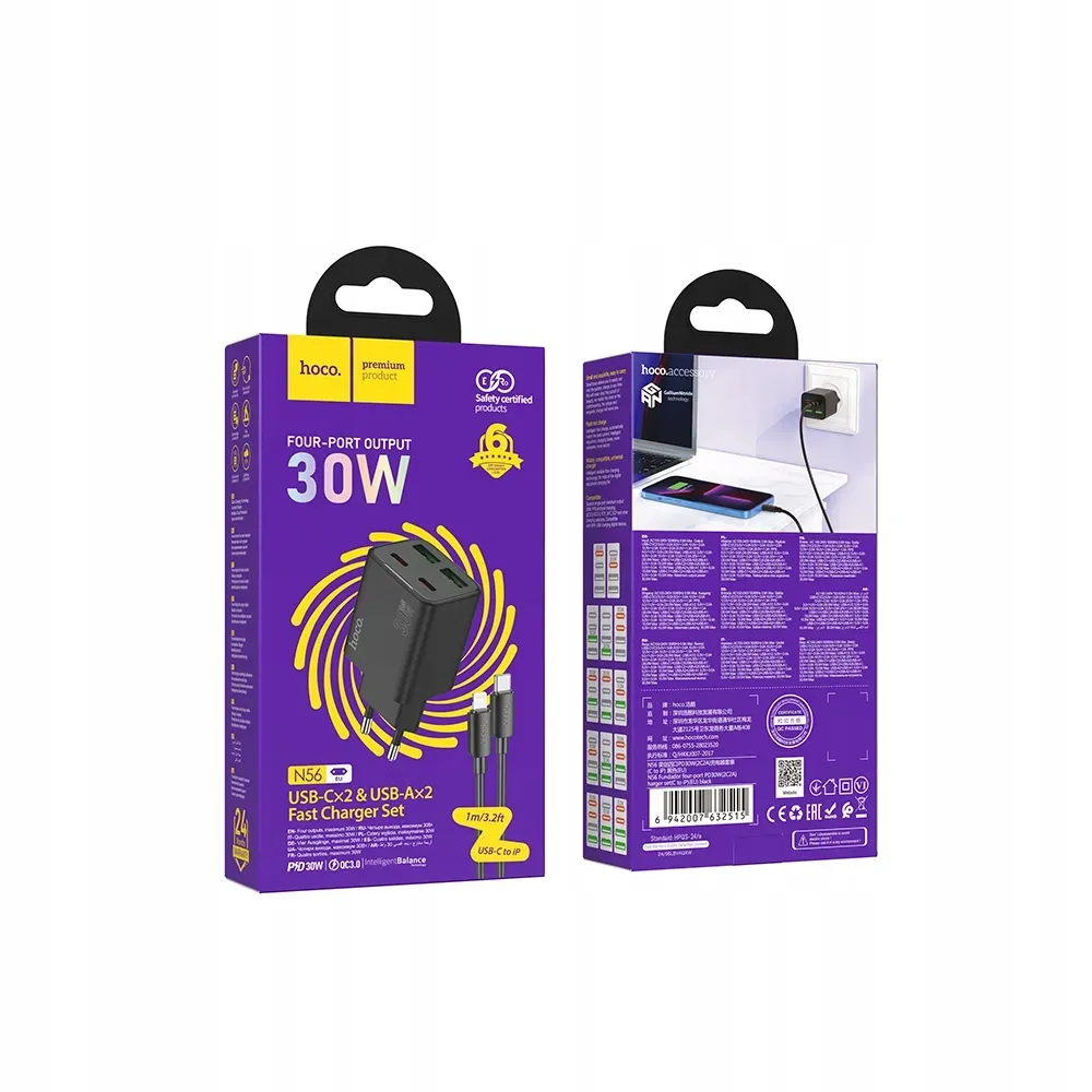 hoco-ladowarka-sieciowa-2-x-typ-c-2x-usb-a-kabel-typ-c-do-lightning-pd