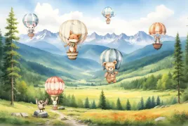 tapeta-dla-dzieci-las-balony-ze-zwierzetami-mis-lis-sarenka-myszka-m248