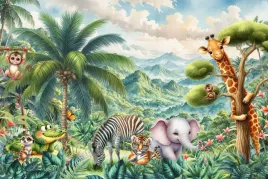 tapeta-dla-dzieci-safari-dzungla-tropiki-slon-zyrafa-zebra-tygrys-m246