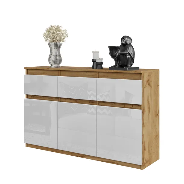 KOMODA 120 CM DĄB WOTAN/ BIAŁY POŁYSK 3 SZUFLADY, 3 DRZWI, 3 PÓŁKI, SALON