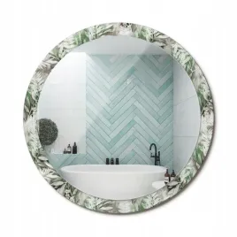 lustro-wiszace-ze-szklana-obramowke-z-nadrukiem-liscie-akwarelowe-fi-100-cm