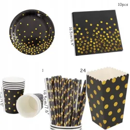 komplet-czarny-w-zlote-kropki-talerzyki-kubki-serwetki-rurki-popcorn
