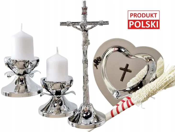 Duży KOMPLET KOLĘDOWY ZESTAW RÓŻA kolęda - Krzyż kropidło świeczki lichtarz