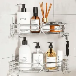 2x-srebrna-polka-prysznicowa-narozna-bez-wiercenia-z-4-haczykami