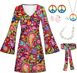stroj-hippie-damski-sukienka-okulary-naszyjnik-opaska-kwiaty-kolory-wzor