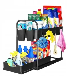 2-poziomowa-polka-pod-zlew-z-wysuwana-szuflada-4-haczykami-i-2-kubeczkami