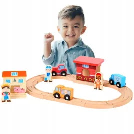 drewniany-tor-samochodowy-farma-dla-dziecka-22-elementy-traktor-3-pojazdy