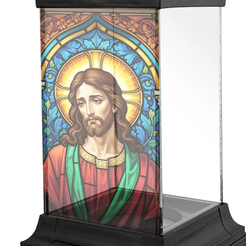 Znicz Witrażowy z Jezusem Nadrukiem Czarna Kapliczka na Grób Cmentarz