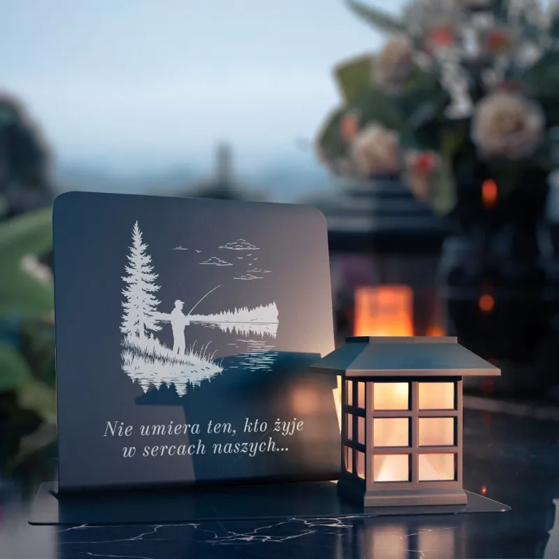 Znicz solarny i podstawka z nadrukiem dla WĘDKARZA, LED, OZDOBNY