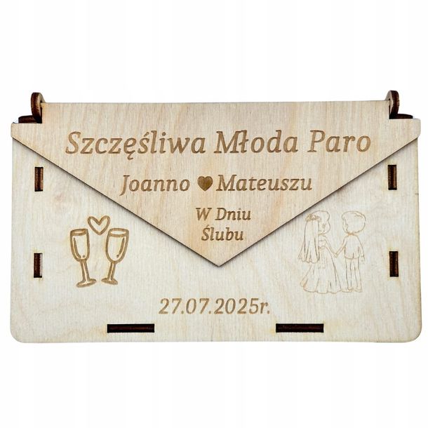 Drewniane pudełko Koperta na pieniądze ŚLUB WESELE z życzeniami