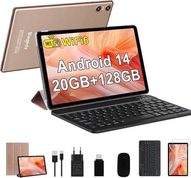 ﻿TABLET 10 CALI ANDROID 14 20GB RAM 128GB WIFI6 8RDZENI ZESTAW ZŁOTY