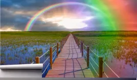 fototapeta-drewniany-most-tecza-zachod-slonca