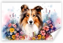 fototapeta-premium-struktura-zmywalana-akwarela-pies-collie-posrod-kwiatow