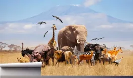 fototapeta-lew-slon-zyrafa-zebra-ptaki-390x280