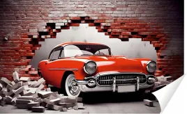 fototapeta-premium-struktura-zmywalana-tapeta-3d-cegla-i-czerwony-samochod