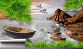 fototapeta-lodka-kajak-ptaki-pelikany-390x280