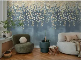 mural-fototapeta-niebieska-tapeta-panoramiczna-liscie-na-flizelinie