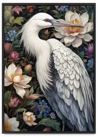 plakat-bialy-ptak-w-kwiatach-w-ramie-61x91-cm-w-czarnej-ramie