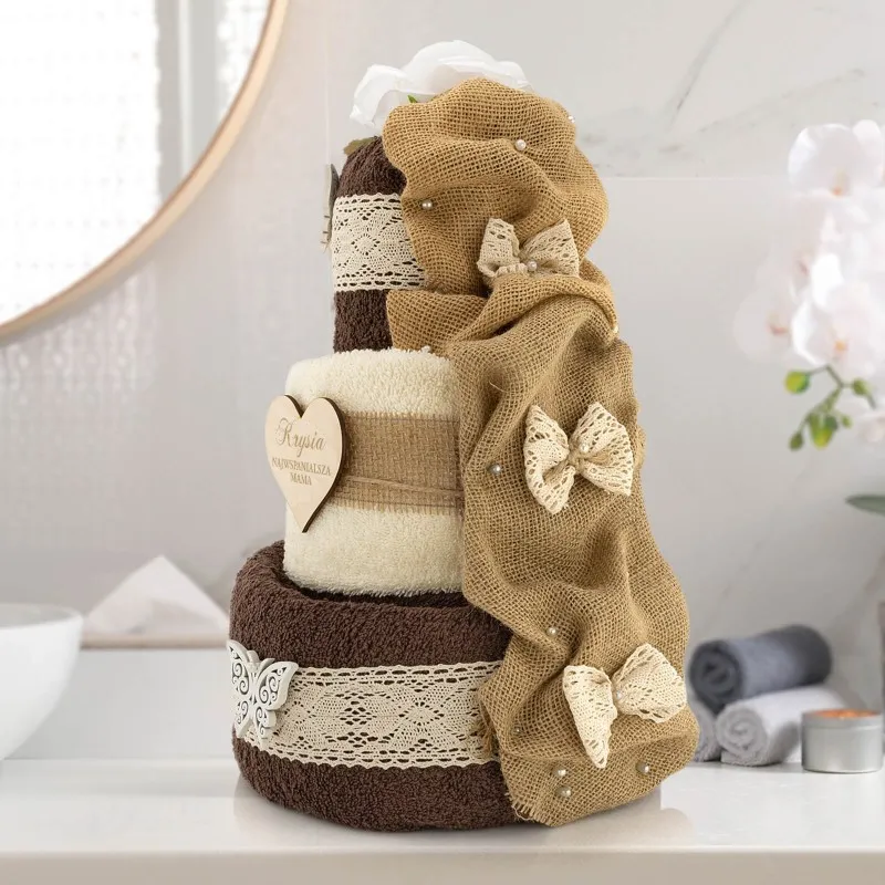 TORT z 3 RĘCZNIKÓW (brąz-ecru) GRAWER URODZINY PREZENT