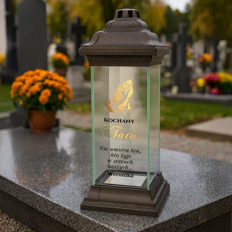 Znicz LAMPION kapliczka z NADRUKIEM dla TATY na CMENTARZ