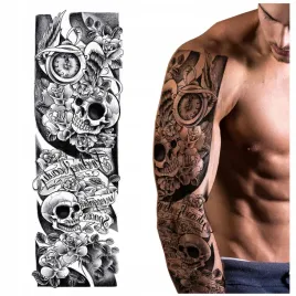 tatuaz-rekaw-czaszka-zegar-kwiaty-zmywalny-tymczasowy-wodny